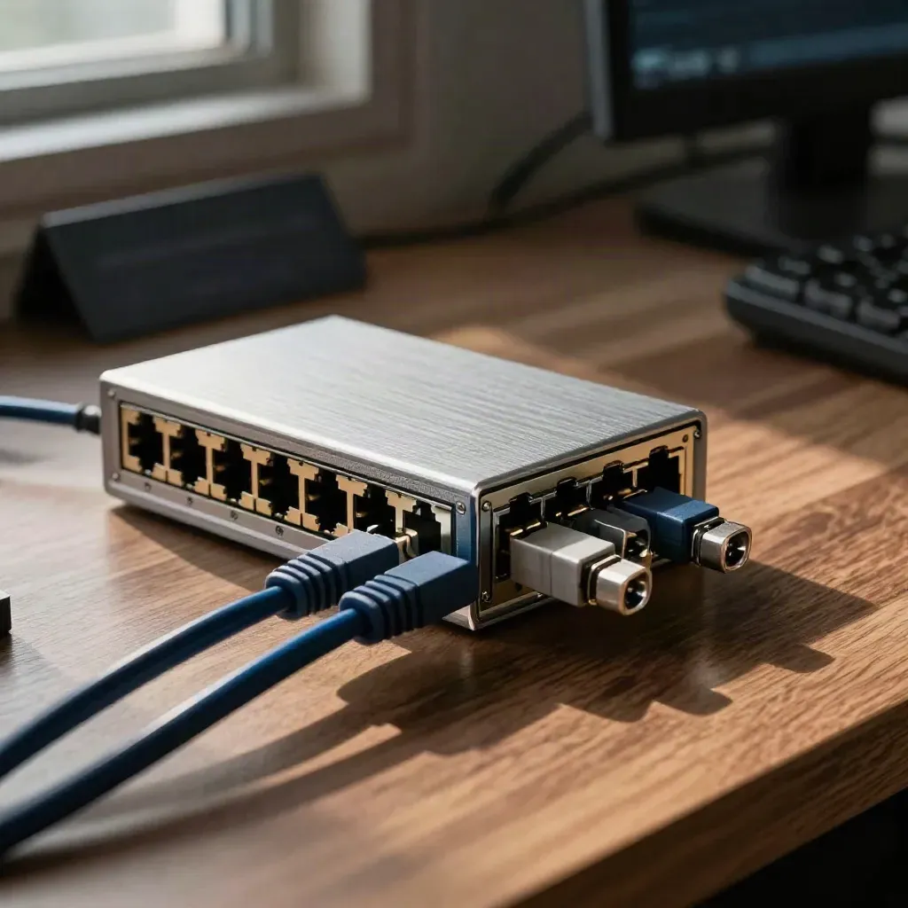 Síťový switch, ethernet konektory a opletené kabely v temném technickém prostoru.