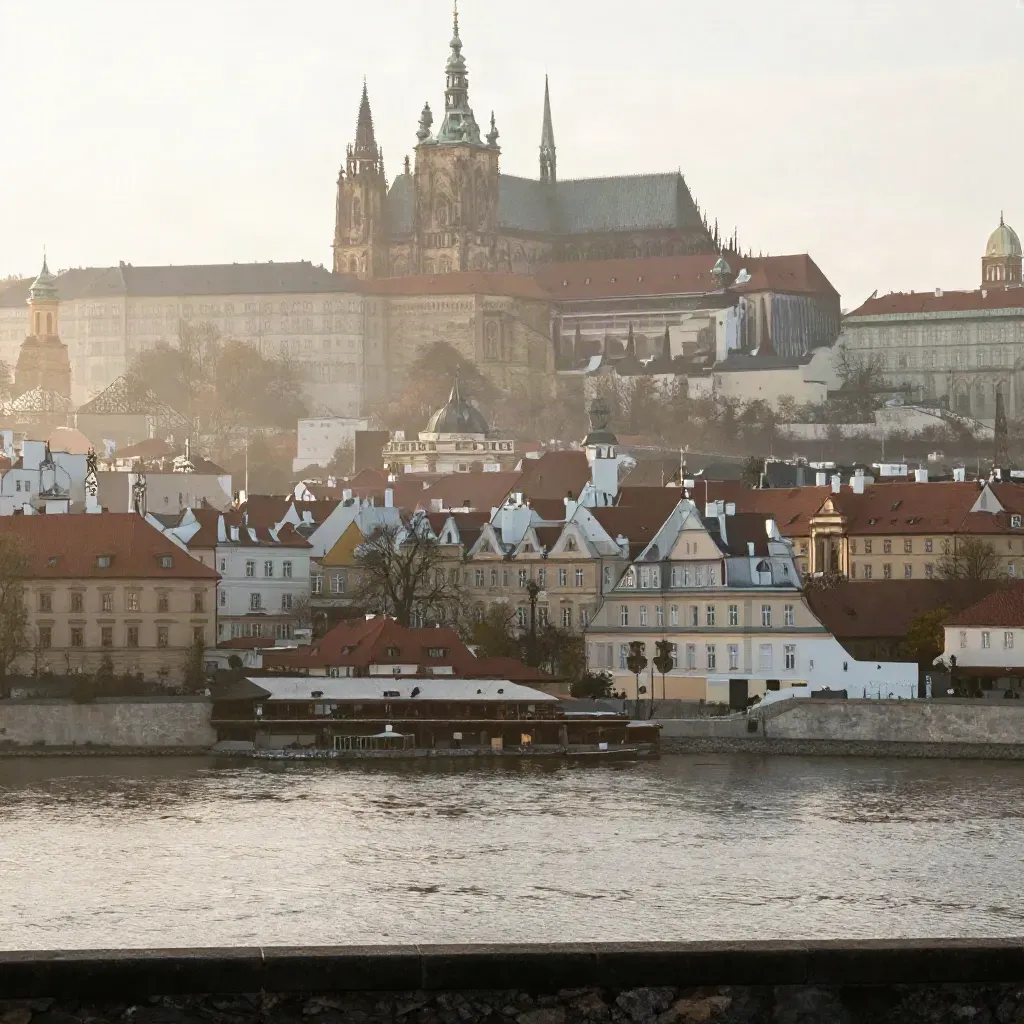Mlžný východ slunce nad Pražským hradem a Vltavou, město vysoko v rámu.
