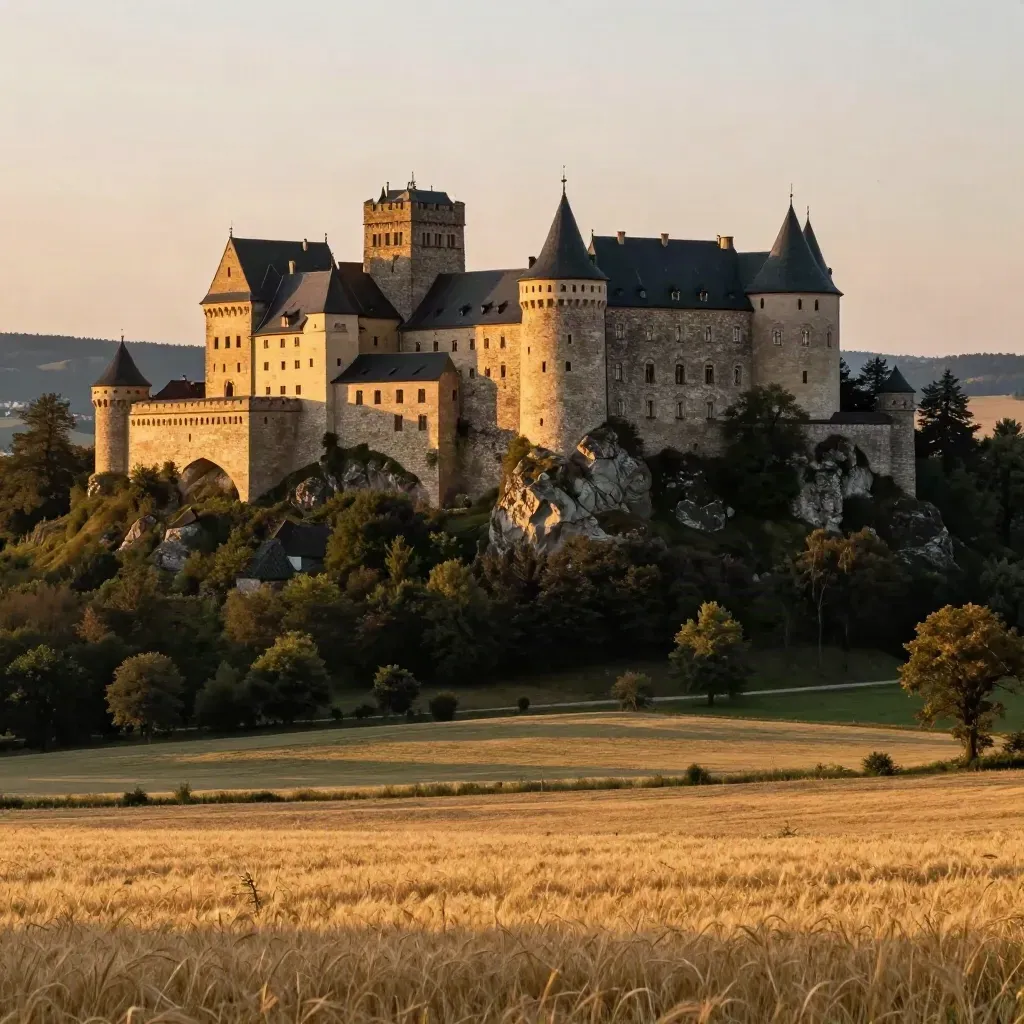 Karlštejn na skalním ostrohu nad zlatavými poli v podvečerním světle