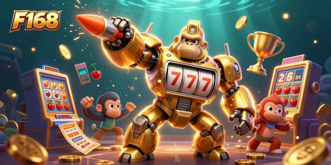 Experience F168's fun with a dynamic 3D gorilla mech and exciting slot game elements.