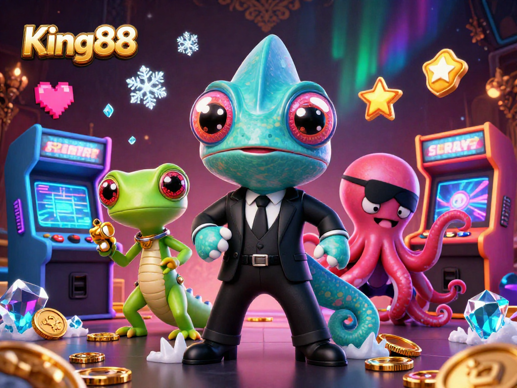 Engage with King88 in an exciting 3D casino scene featuring vibrant gaming elements.