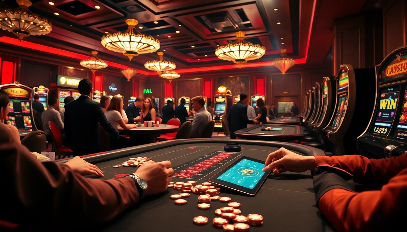 Win big at https://9win1.online/ with luxurious casino visuals showcasing poker tables and slot machines.