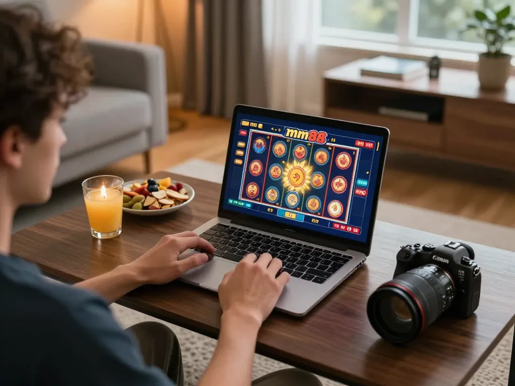 Engaging moment of a player using mm88 for online slot gaming in a cozy home