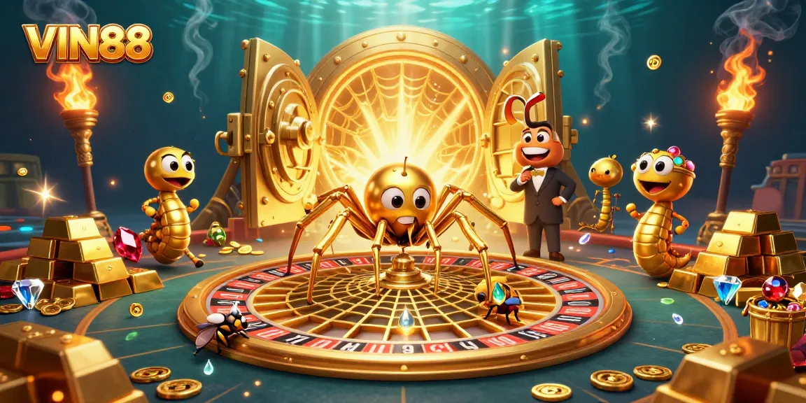 Experience thrilling bets at VIN88 with a golden web roulette wheel in an exciting casino scene.
