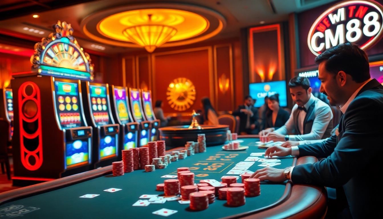 Players enjoying casino games with poker chips and cards highlighting CM88 in an upscale environment.