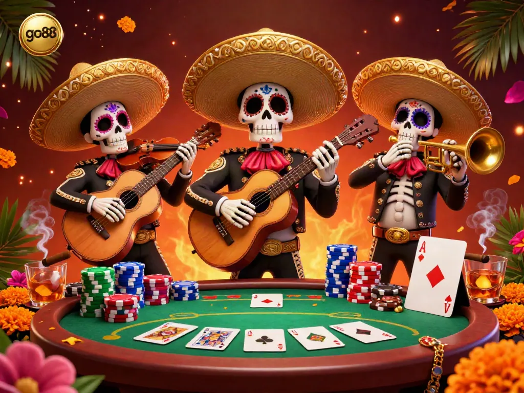 Engage with the go88 experience through vibrant Dia de los Muertos skeleton mariachi musicians amidst casino elements.