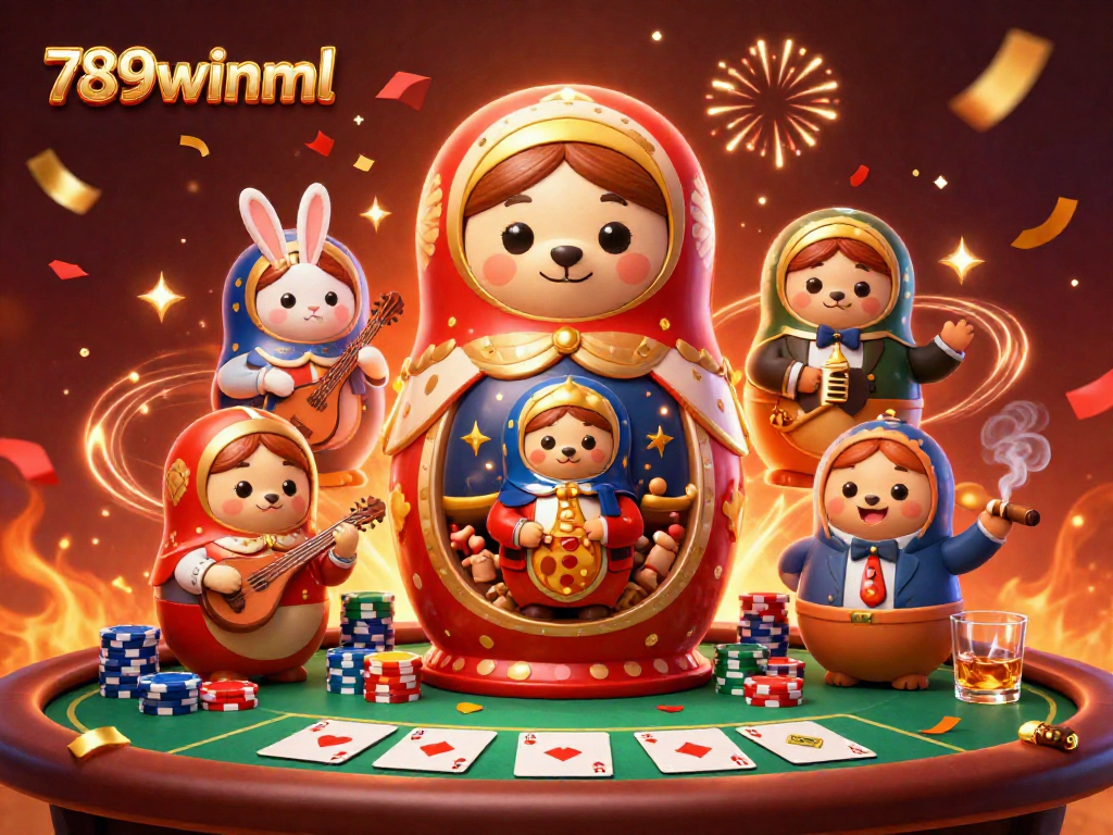 Experience 789winml excitement with a vibrant casino scene featuring bears and a rabbit.