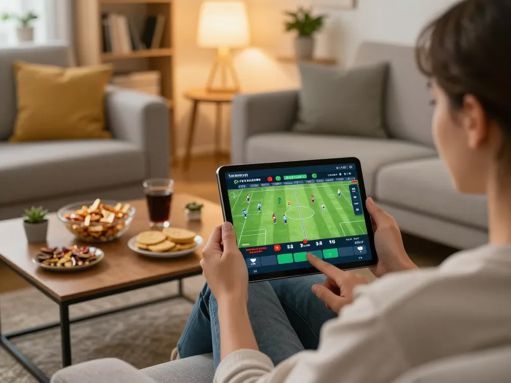 Engaging in live football vip betting on tablet in a cozy home setup
