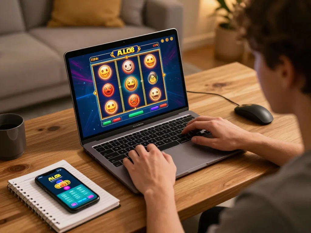 Engaged player using ALO8 app for strategic slot betting at home with warm atmosphere.