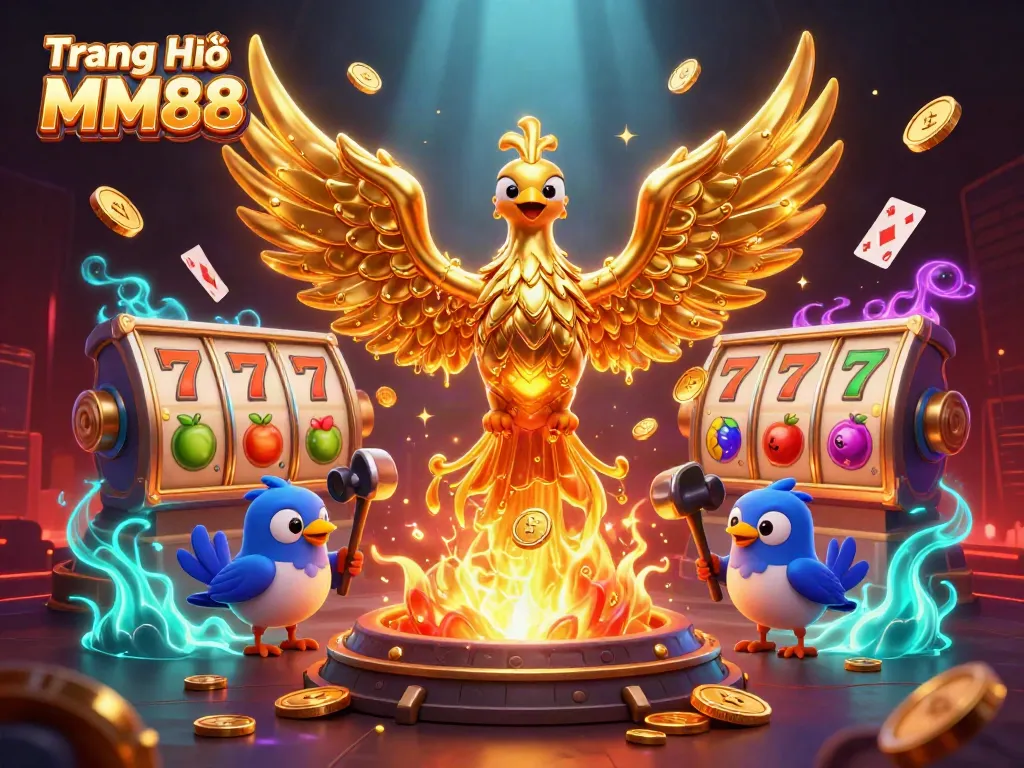 Experience thrilling gameplay at Trang Chủ MM88 with dynamic slot reels, golden phoenix, and colorful gems.