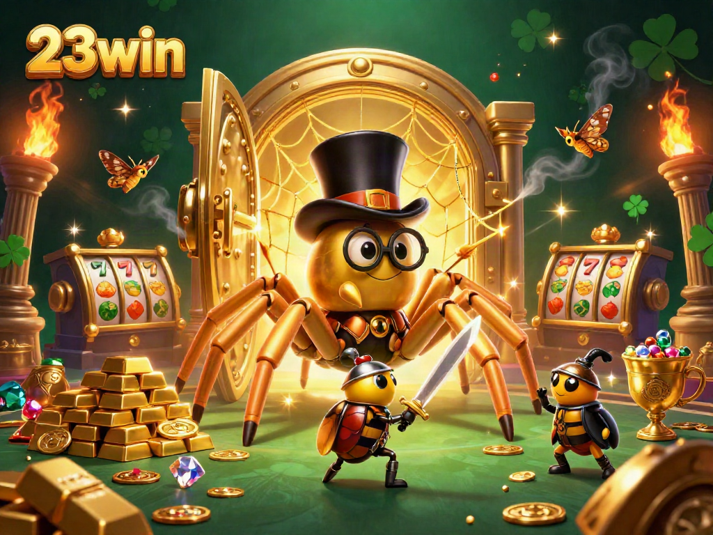 Experience thrilling gameplay at 23win, illustrated with a giant golden tarantula and enchanting casino elements.