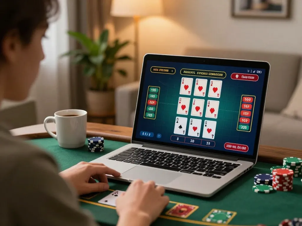Engaging in live dealer blackjack on 5679z, showcasing a laptop setup for immersive gaming.