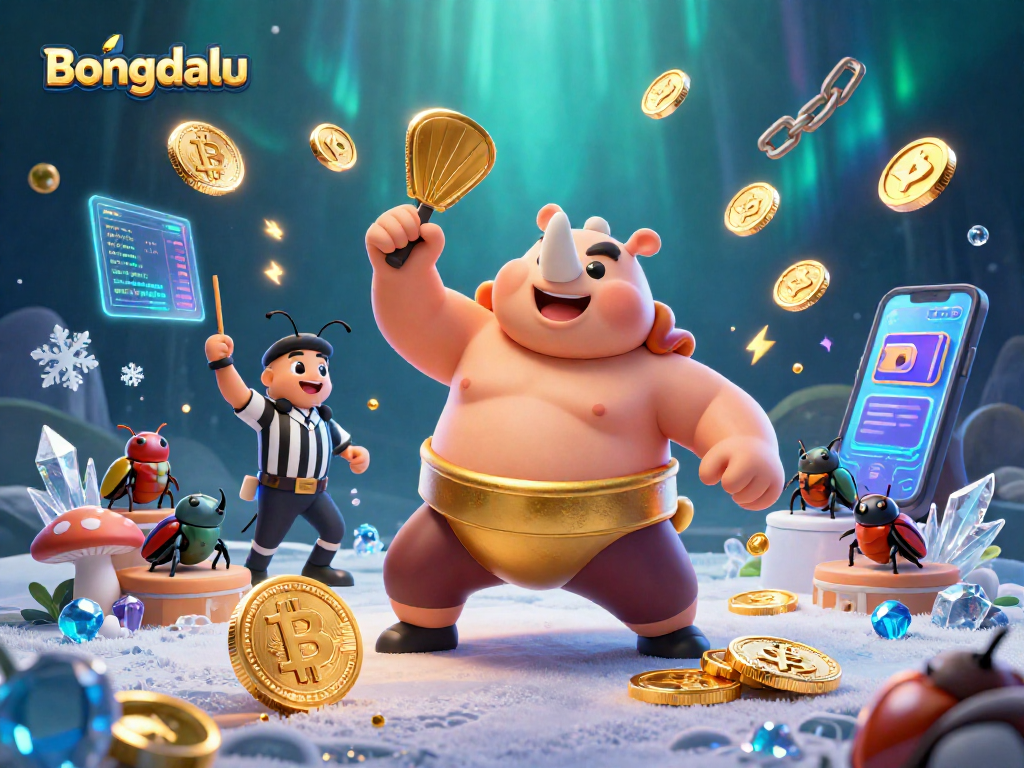 Bongdalu showcases a sumo beetle champion surrounded by dynamic casino-themed elements and crypto symbols.