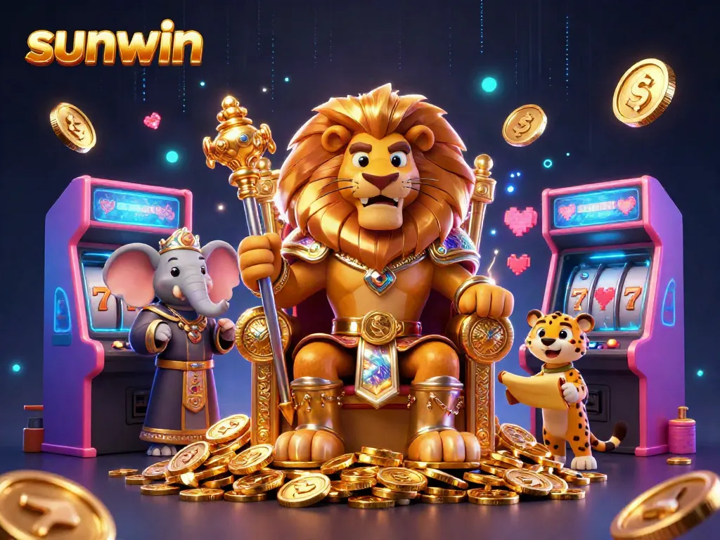 Win big at Sunwin with a lion king on a throne of coins surrounded by arcade elements in this thrilling casino scene.