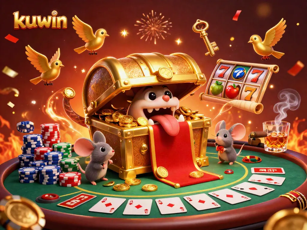 Win big at kuwin with a vibrant 3D treasure chest filled with casino excitement and luck!