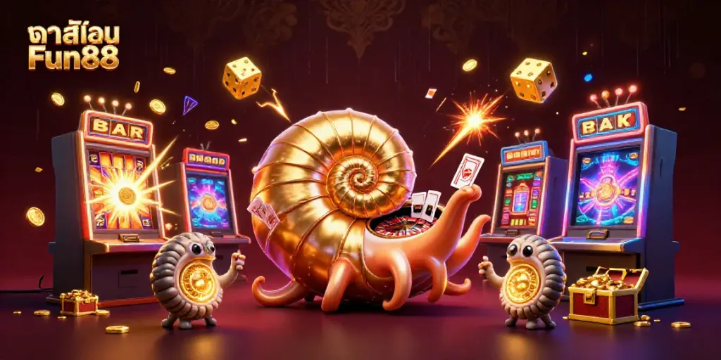 Experience excitement at คาสิโน Fun88 with a colorful 3D illustration of a lively casino atmosphere.