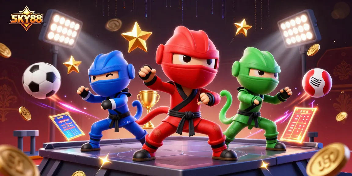Catch exciting gameplay at SKY88 with a dynamic scene of chameleon ninjas and sports action.