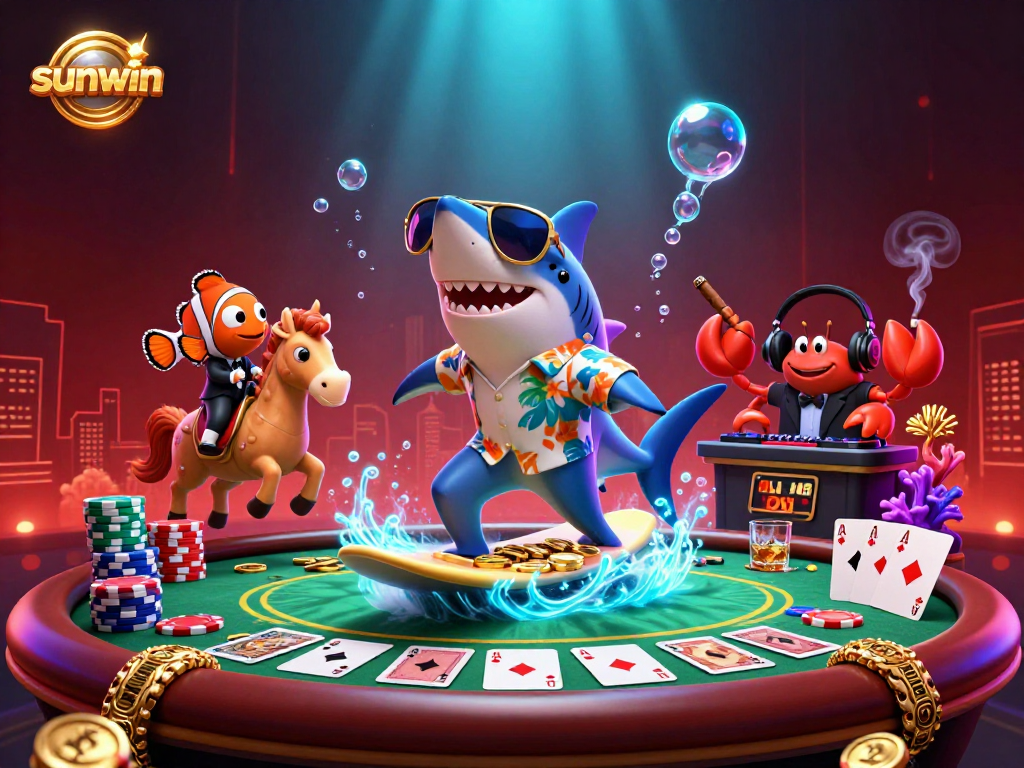 Experience the thrill of sunwin as a hammer-head shark surfs gold coins while surrounded by poker chips and vibrant underwater elements.