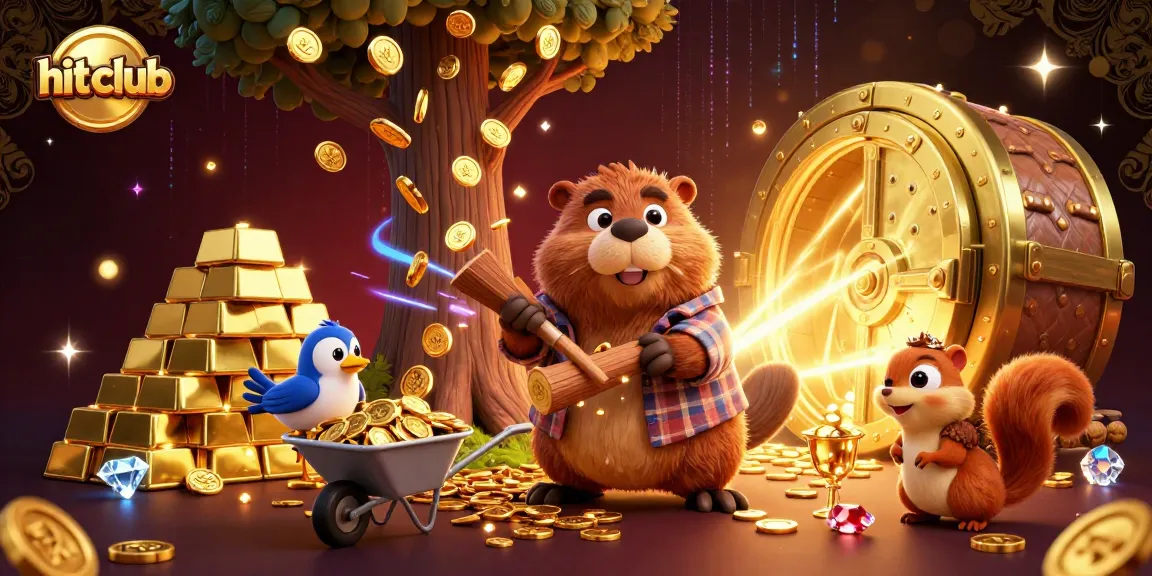 Engage with hit-club's vibrant casino world as a lumberjack beaver collects golden coins.