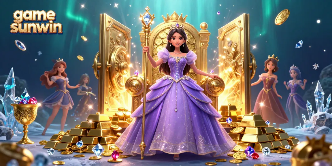 Play exciting games with game sunwin in a vibrant 3D digital illustration, showcasing treasures and fun!