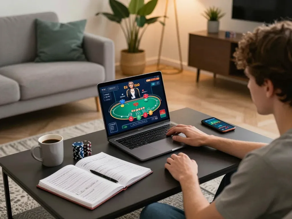 Engaging moment at cm88casino with a player focusing on poker gameplay on a laptop in a cozy home setting