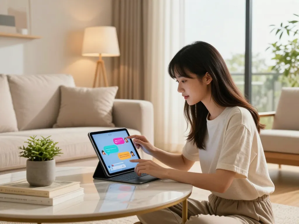 Engaging interaction with a girlfriend AI on a tablet in a cozy living room, showcasing emotional connection and modern technology.