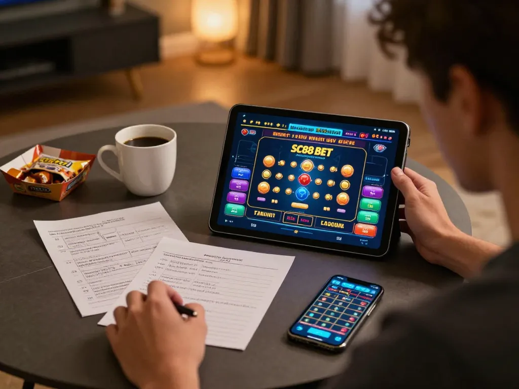 Engaged player enjoying SC88 Bet on a tablet while analyzing game strategies in a cozy home setting.