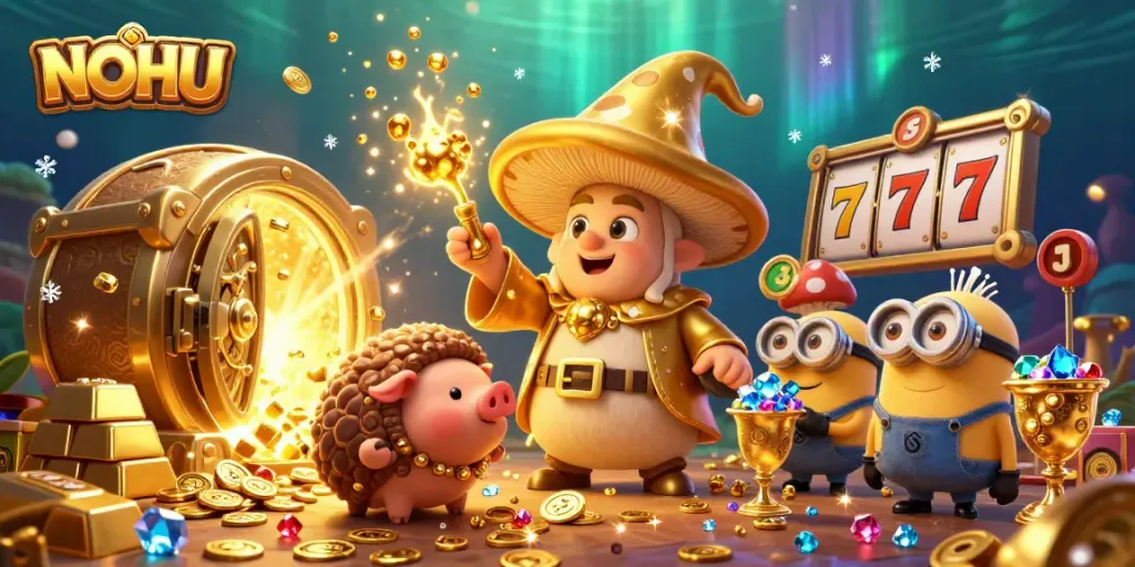 Experience dynamic gameplay with NOHU as golden wizard characters bring treasures galore in a lively gambling scene.