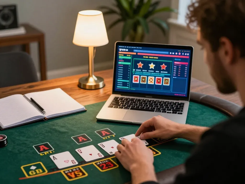 Engaging in live dealer blackjack from https://x88.design/ on a laptop with strategy notes nearby