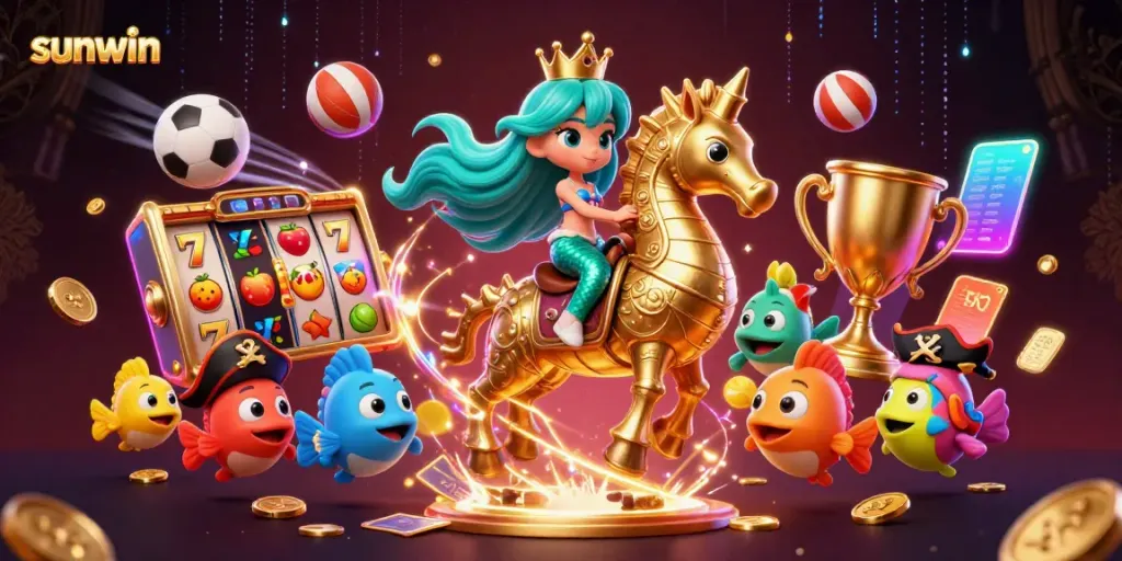 Experience the exhilaration of Sunwin's casino with the mermaid princess amidst thrilling gaming elements.