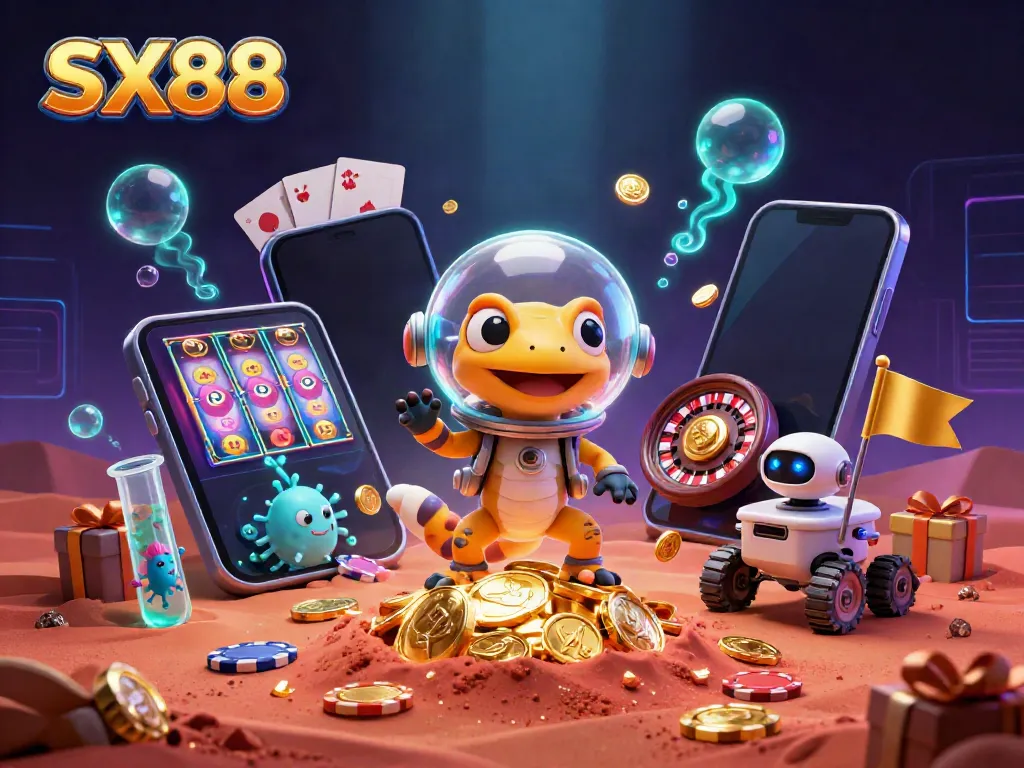 Experience the thrills of SX88 with a Martian gecko discovering a buried golden casino amidst vibrant galactic elements.