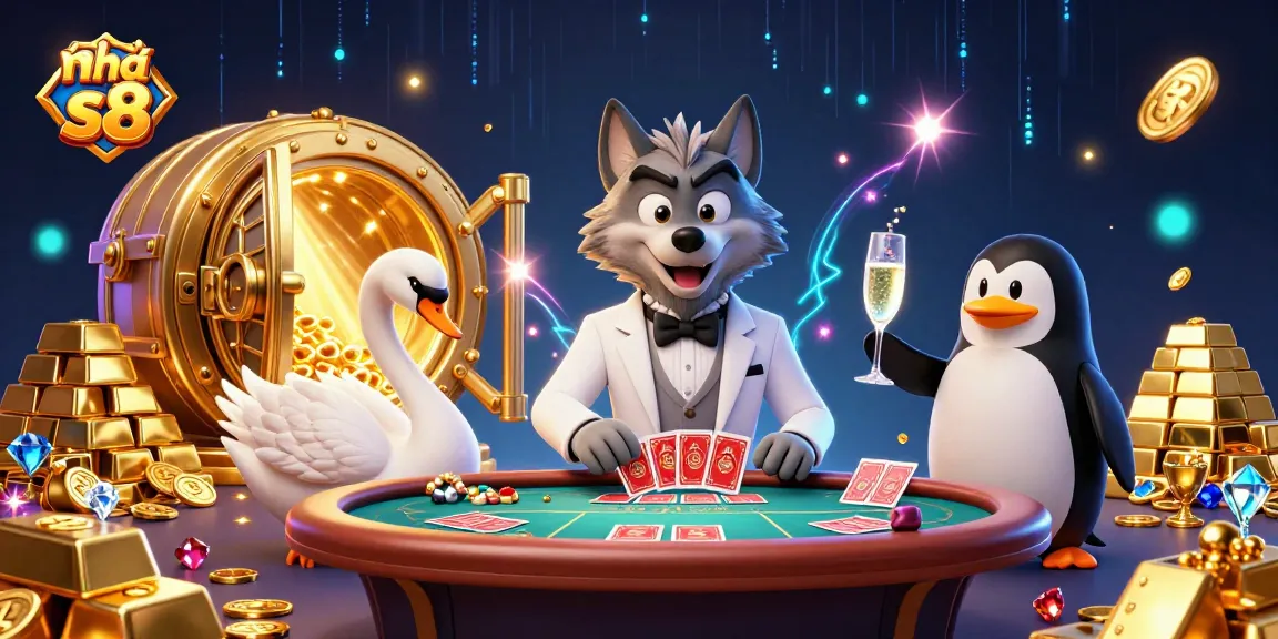 Engage with the vibrant atmosphere of Nhà cái s8 featuring a debonair wolf at a baccarat table, dazzled by gold.