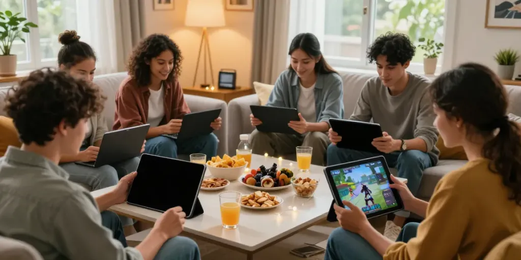 Friends engaged in rokok88 offline gaming in a cozy living room setting.