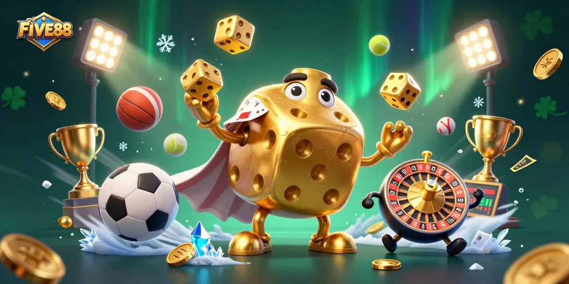 Experience the thrill of FIVE88 with a dynamic casino-inspired scene featuring golden dice and sports elements.