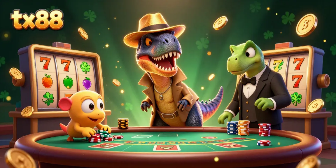 Experience thrilling slots action at tx88 with cartoon velociraptor counter and vibrant casino elements.