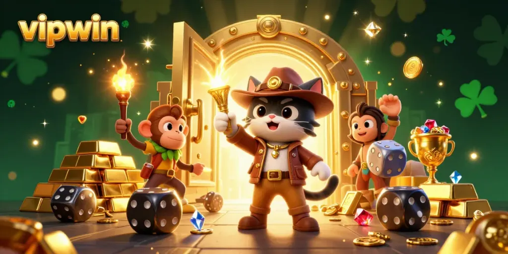 Experience the thrill of vipwin with a cartoon cat archaeologist uncovering golden treasures in a vibrant casino setting.