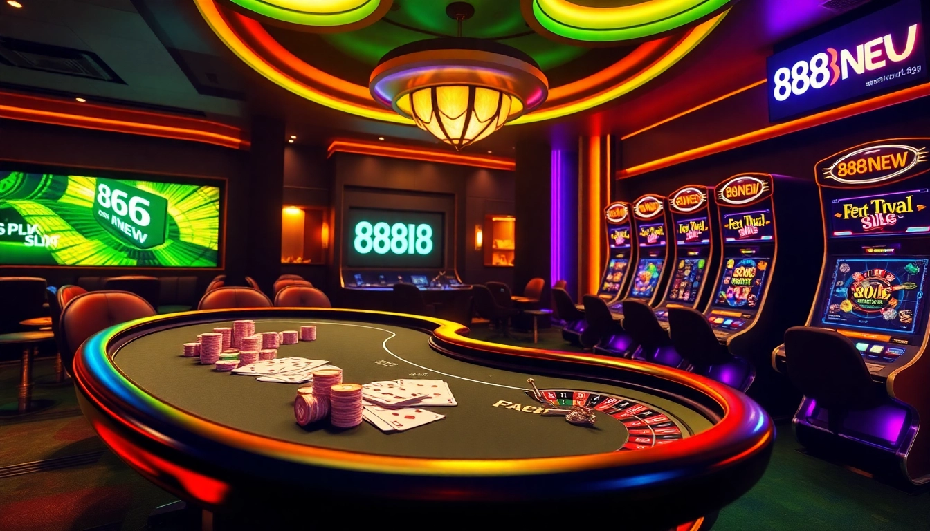 Experience high-stakes excitement at 888NEW's luxurious virtual gambling scene featuring poker, roulette, and slots.