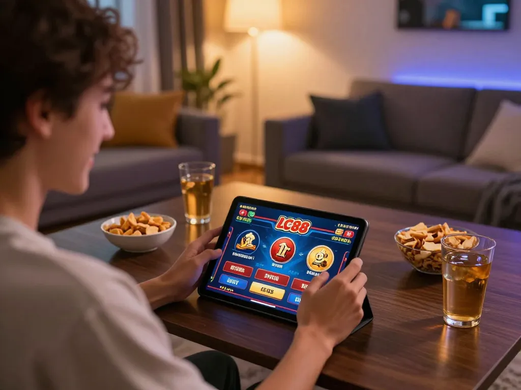 Player engaging in online games at LC88, enjoying a cozy home setup while playing casino on a tablet.