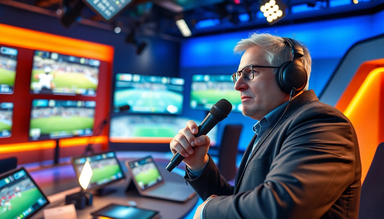 Dynamic sports broadcasting scene featuring a focused commentator in a modern studio.