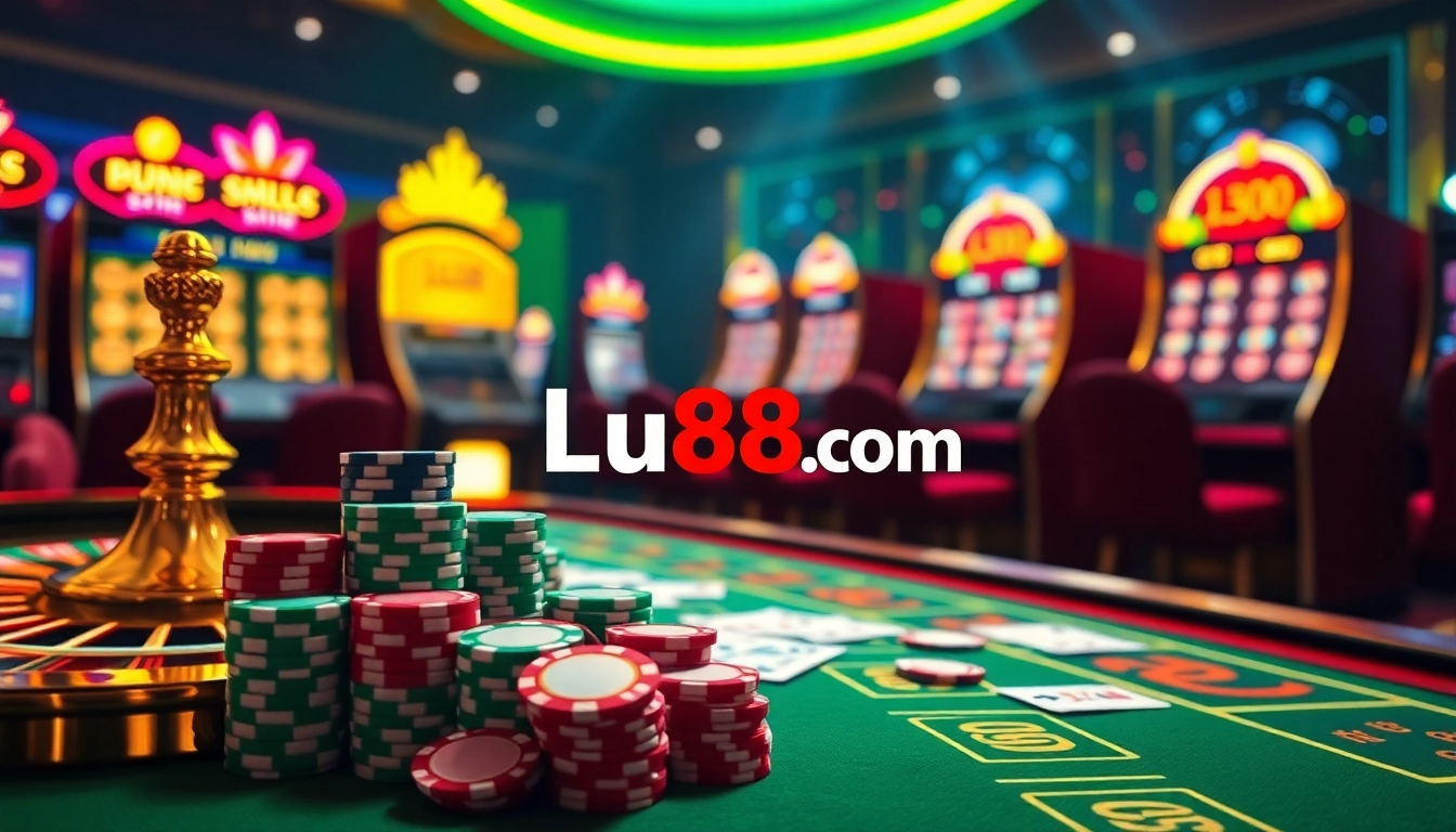 Experience thrilling action at Lu88.com with vibrant poker chips and a roulette wheel.