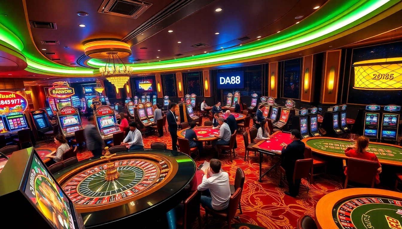 Experience thrilling gameplay at DA88 with vibrant casino tables and excited players.
