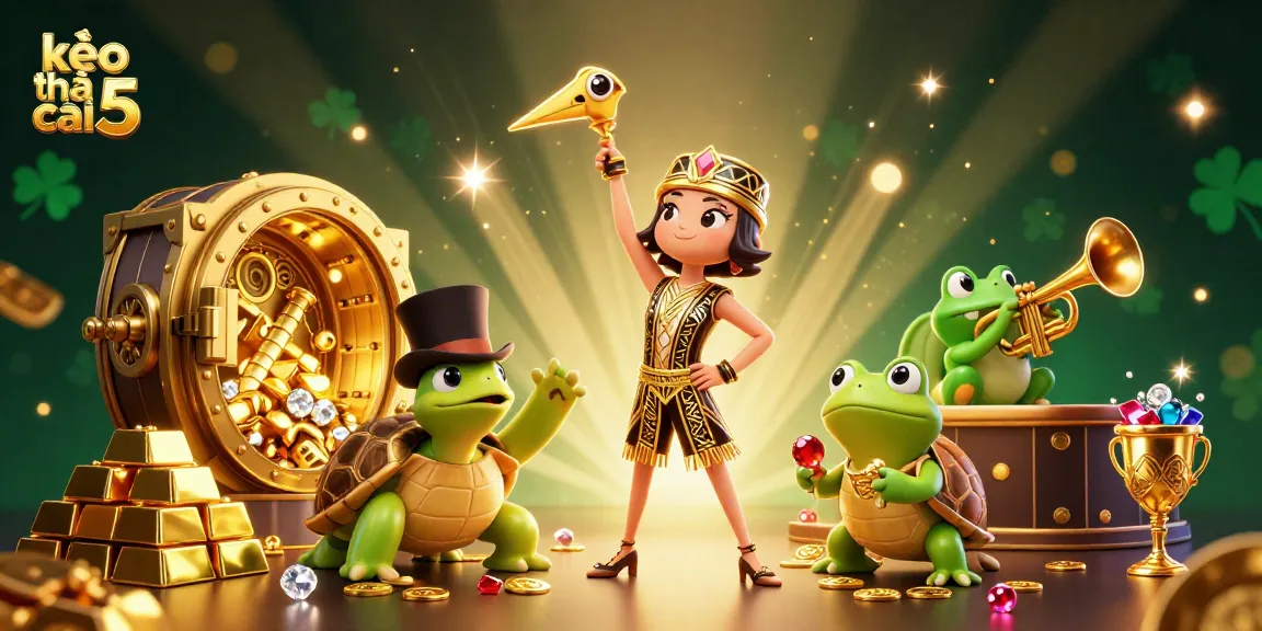 Experience exciting wins with kèo nhà cái 5 as our vibrant casino-themed illustration showcases golden treasures and animated characters.