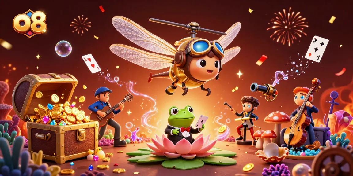 Engage in high-stakes casino fun at o8 with a vibrant, dynamic 3D scene featuring lively characters.