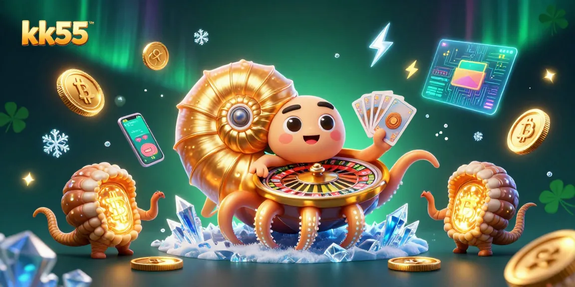 Engage with the vibrant kk55 casino scene featuring a giant nautilus roulette and crypto elements.