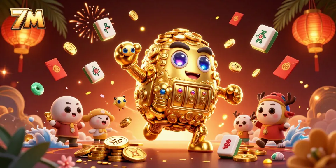 Engage with 7M's captivating action as golden coins and slot symbols animate in a vibrant casino scene.