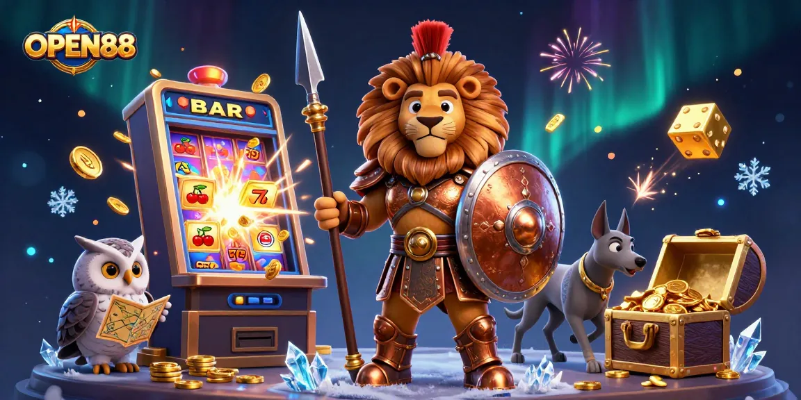 Experience the excitement of OPEN88 with a vibrant casino scene featuring a heroic Spartan lion, strategic owl, and swift greyhound.