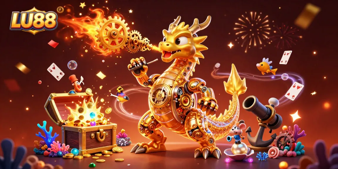 Engage in thrilling gameplay at LU88 with an ultra-detailed 3D illustration showcasing a golden dragon and festive elements.