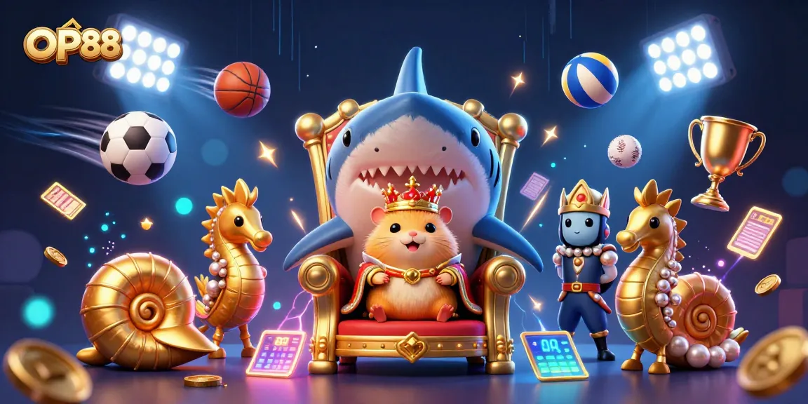 Experience thrilling wins at OP88 with gold coins and energetic sports elements in vibrant casino design.