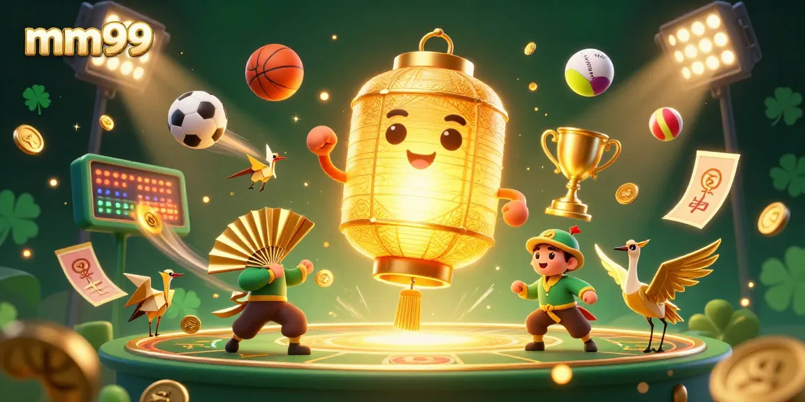 Engage with mm99 at a dynamic sports betting casino, featuring vibrant characters and elements.