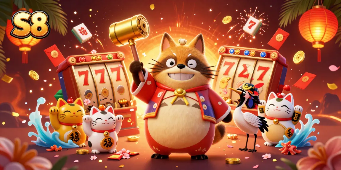 S8 gamifies luck with vibrant tanuki characters in a lively casino setting, showcasing engaging slot elements.